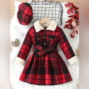 2pcs Girls Dress Set, Plaid Plush Collar Dress With Belt + Plaid Beret set